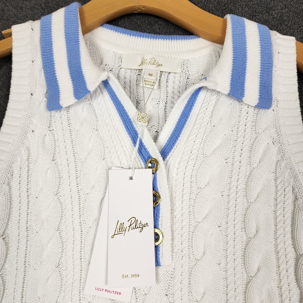 Lilly Pulitzer Suzette Sweater Tank White Blue Cable Knit Polo Vest 018733 M - Picture 2 of 10